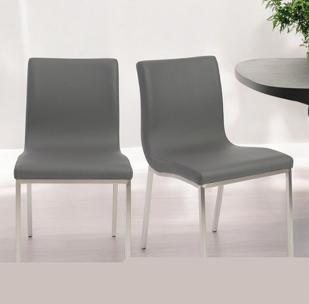 Set of Two Gray And Silver Upholstered Leather Dining Side Chairs