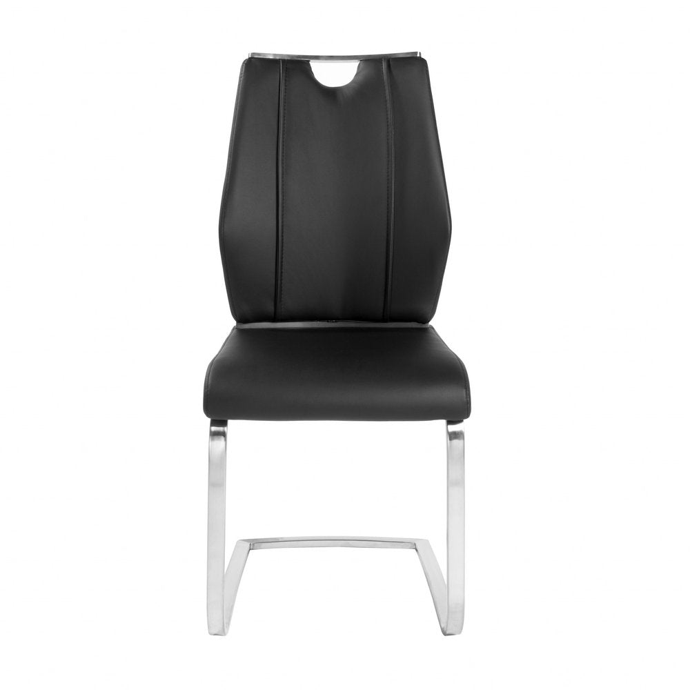 Set of Two Black and Silver Upholstered Leather Dining Side Chairs