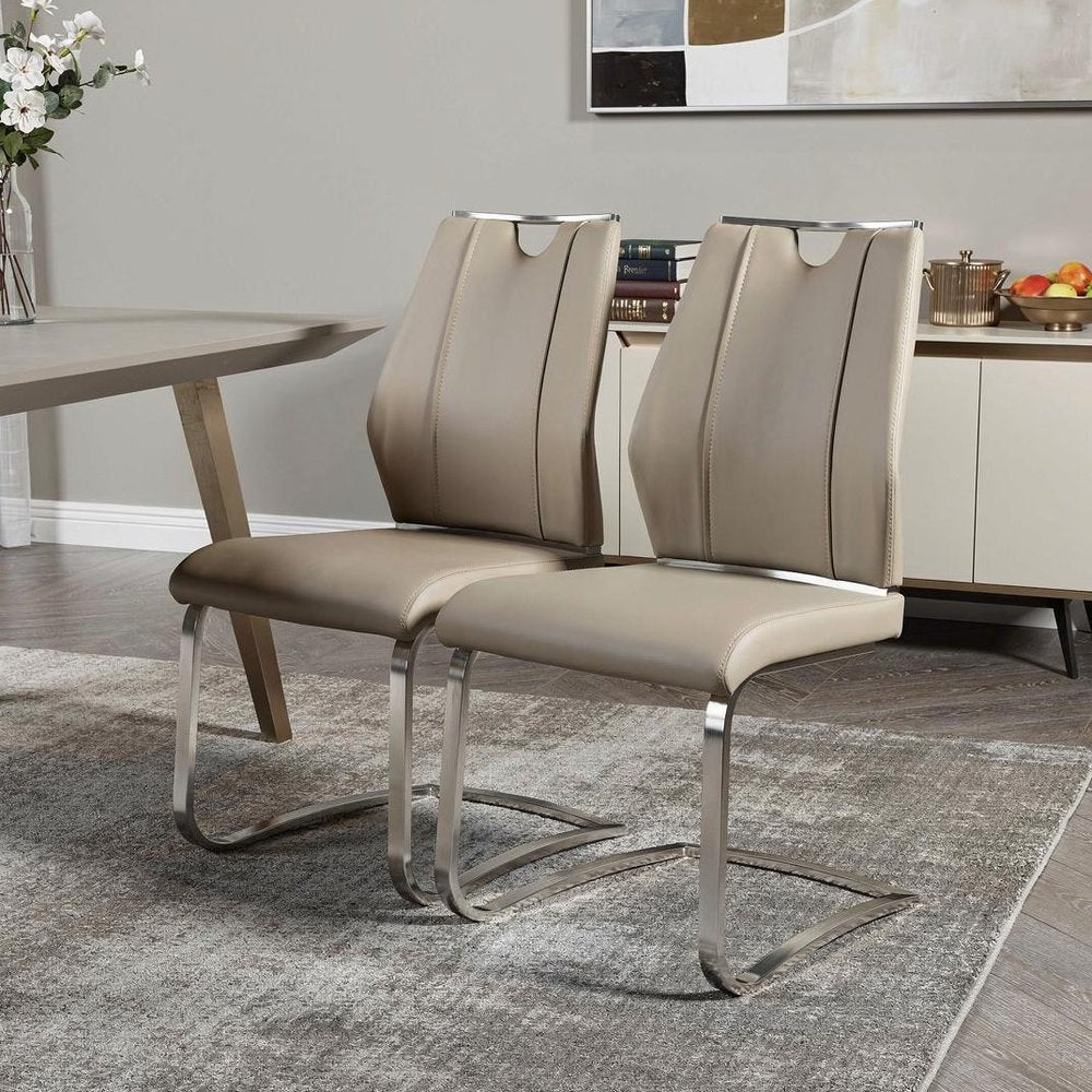 Set of Two Taupe and Silver Upholstered Leather Dining Side Chairs