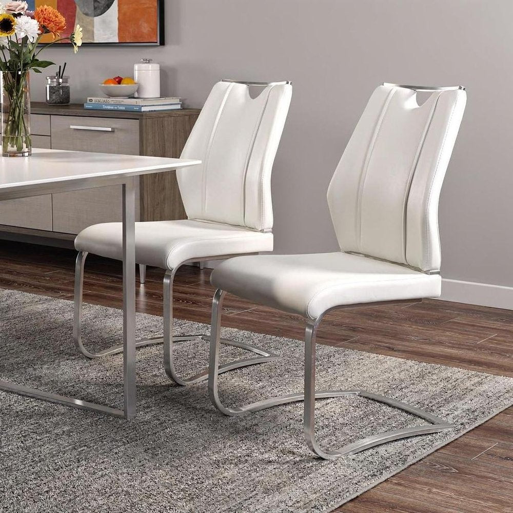 Set of Two White and Silver Upholstered Leather Dining Side Chairs