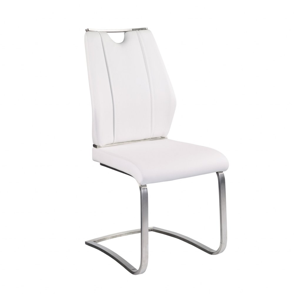 Set of Two White and Silver Upholstered Leather Dining Side Chairs