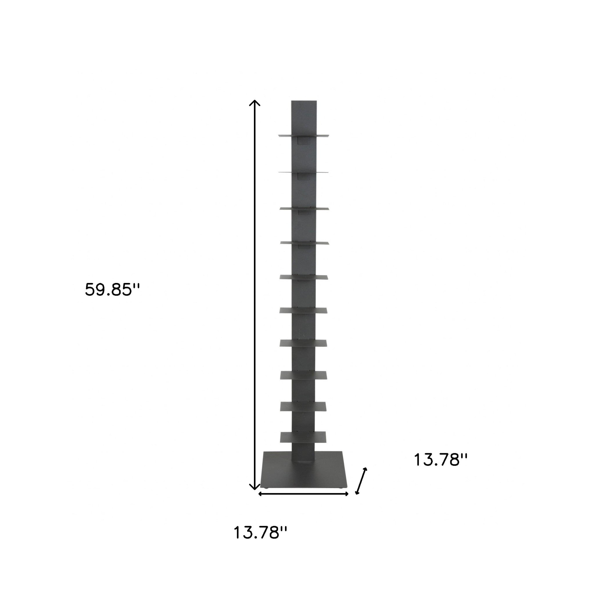60" Dark Gray Metal Ten Shelf Modern Tower Bookcase