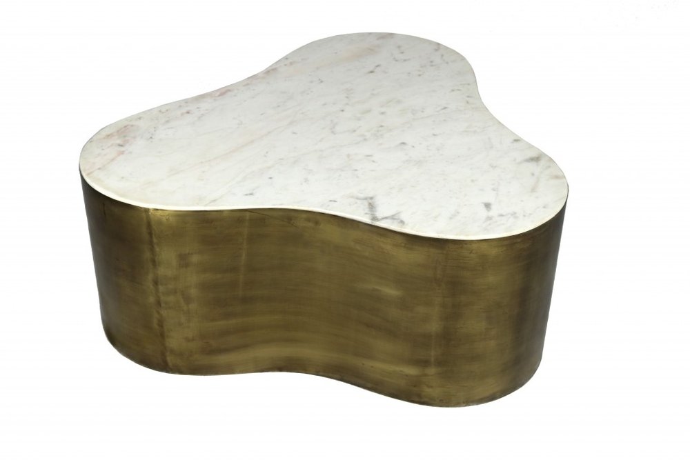 39" White And Brass Genuine Marble And Iron Free Form Solid Coffee Table