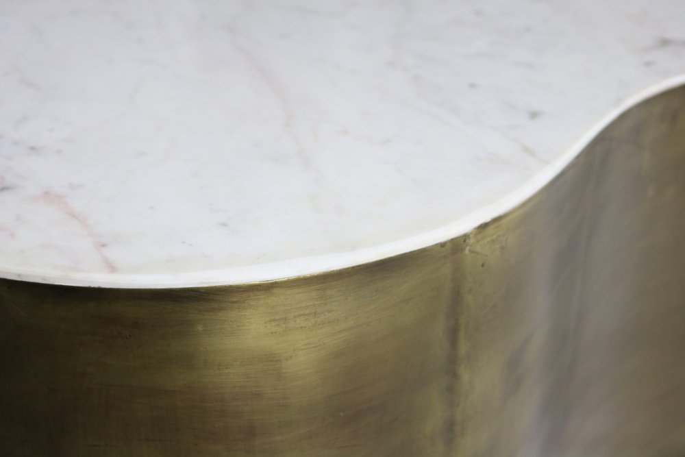 39" White And Brass Genuine Marble And Iron Free Form Solid Coffee Table