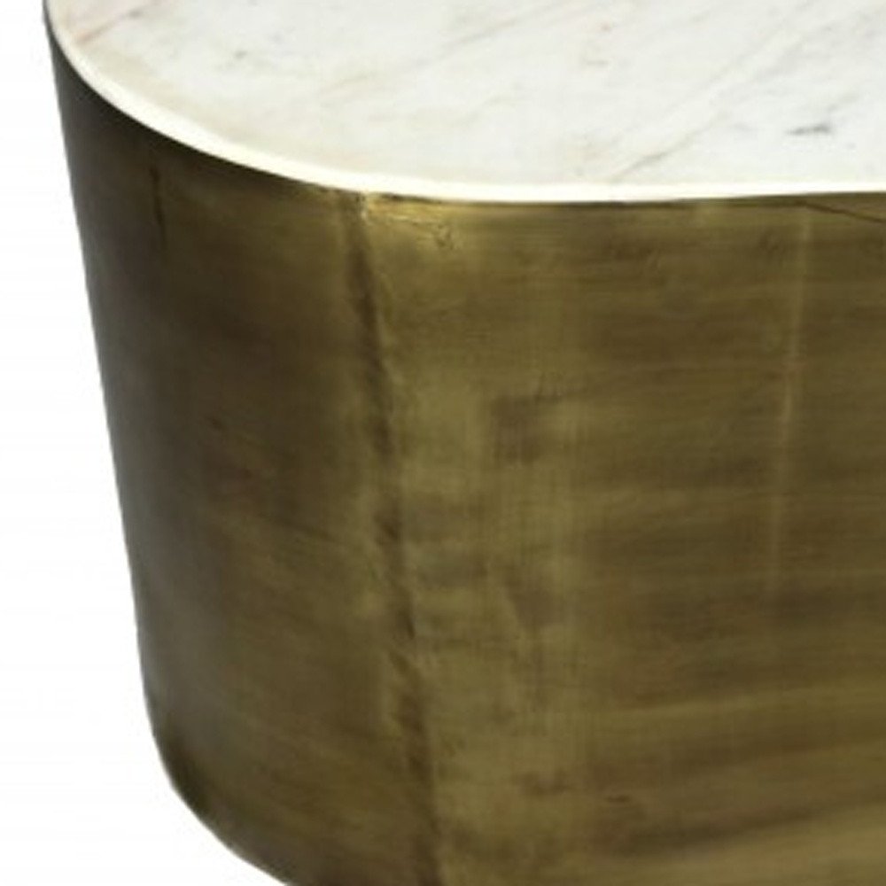 39" White And Brass Genuine Marble And Iron Free Form Solid Coffee Table