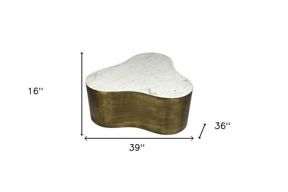 39" White And Brass Genuine Marble And Iron Free Form Solid Coffee Table