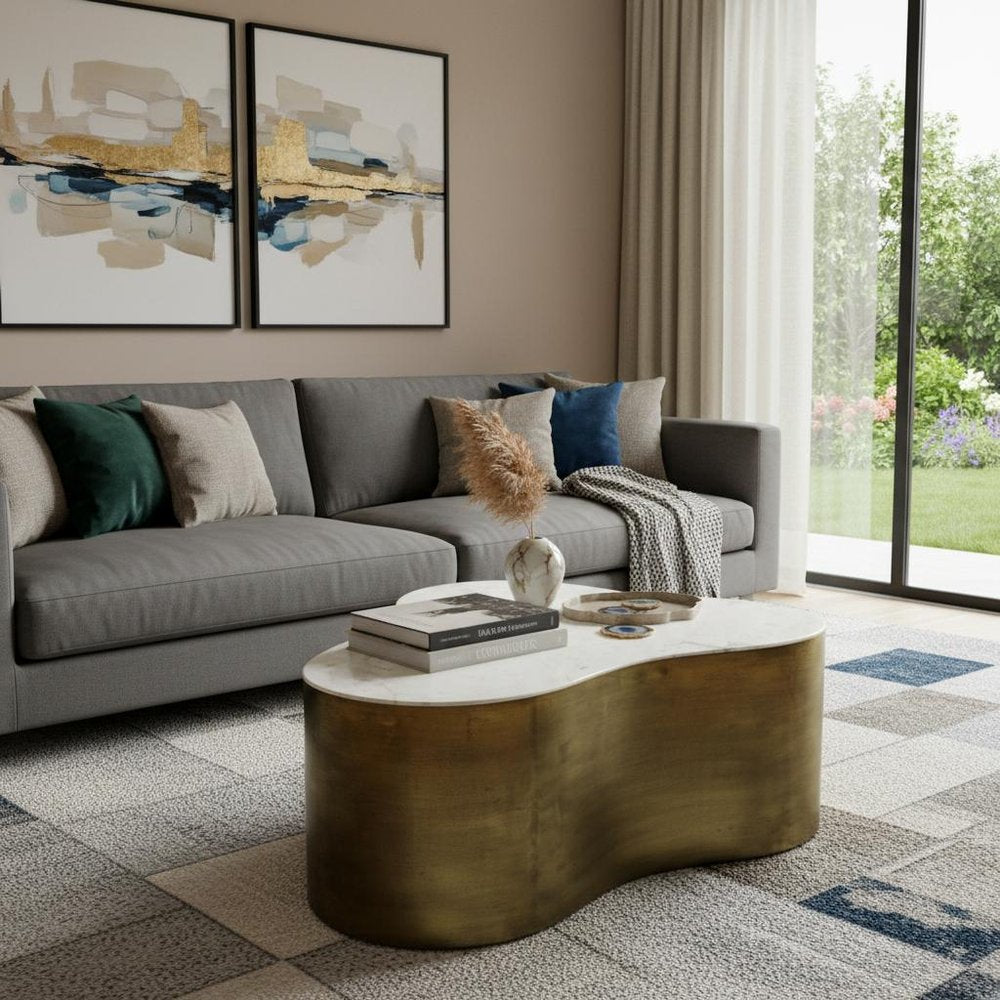 39" White And Brass Genuine Marble And Iron Free Form Solid Coffee Table