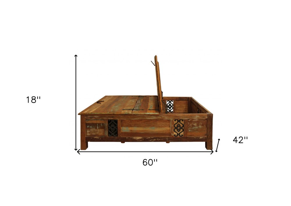 60" Green and Brown Solid Wood Distressed Lift Top Solid Coffee Table
