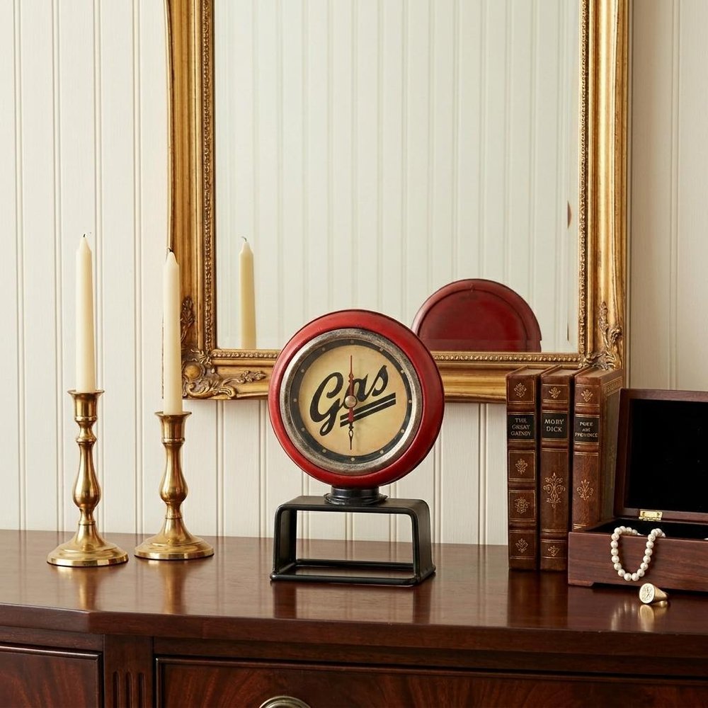 21" Red Metal Hand Painted Gas Pump Clock Sculpture