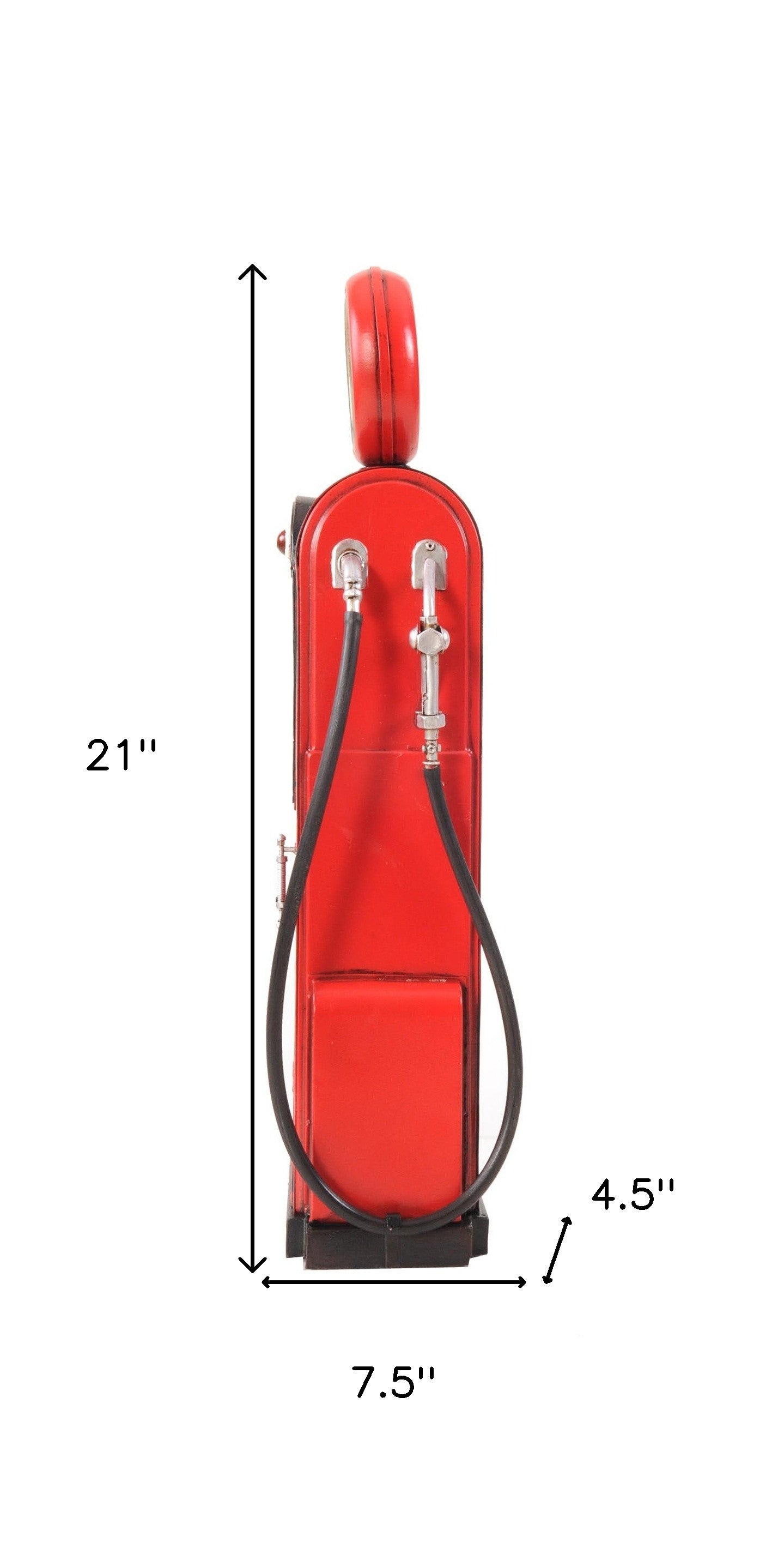 21" Red Metal Hand Painted Gas Pump Sculpture With Clock