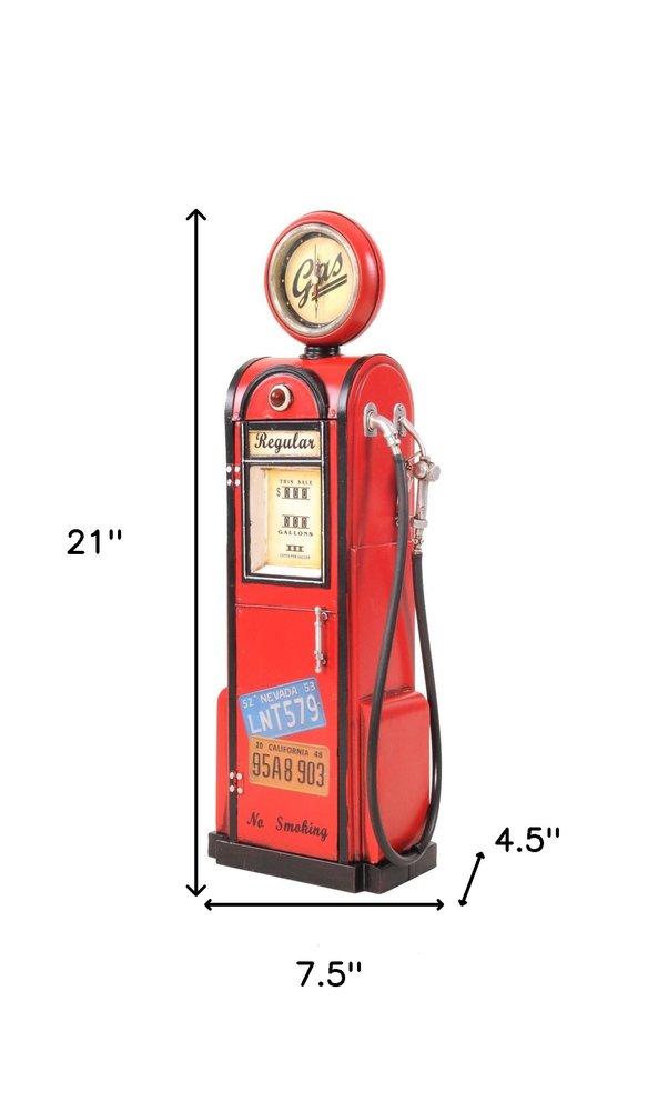 21" Red Metal Hand Painted Gas Pump Clock Sculpture