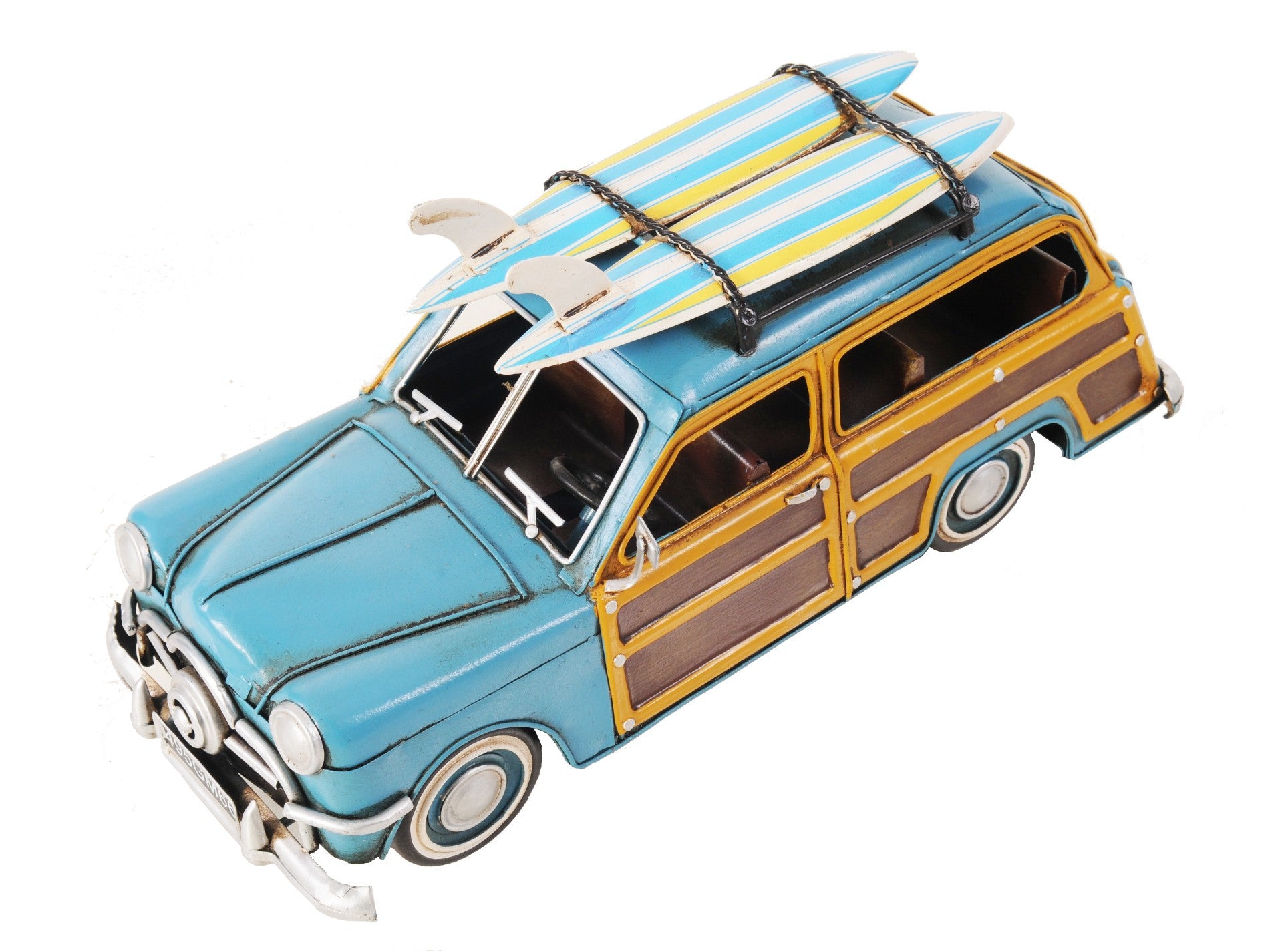 6" Blue And Yellow Metal Hand Painted Decorative Car