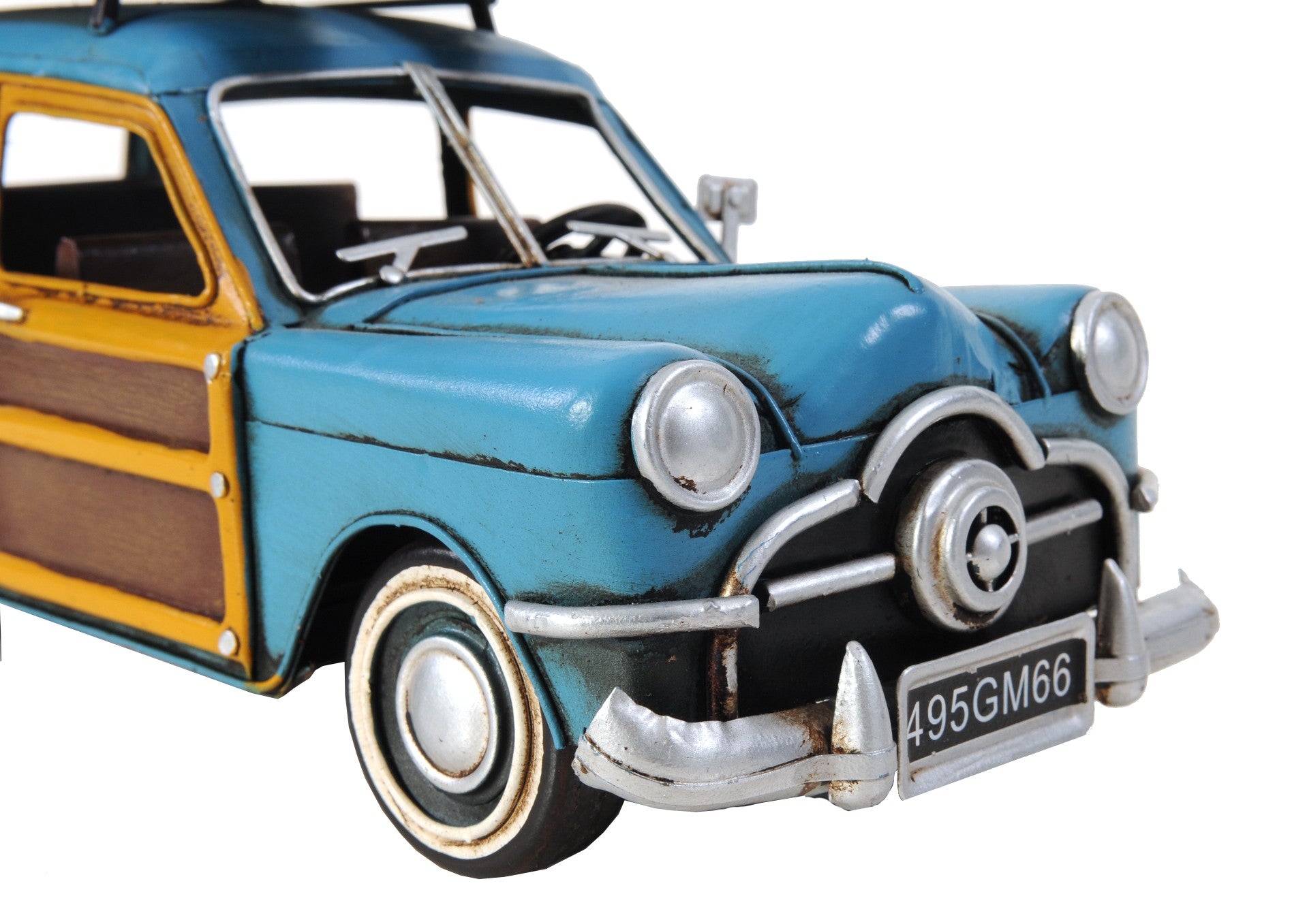 6" Blue And Yellow Metal Hand Painted Decorative Car
