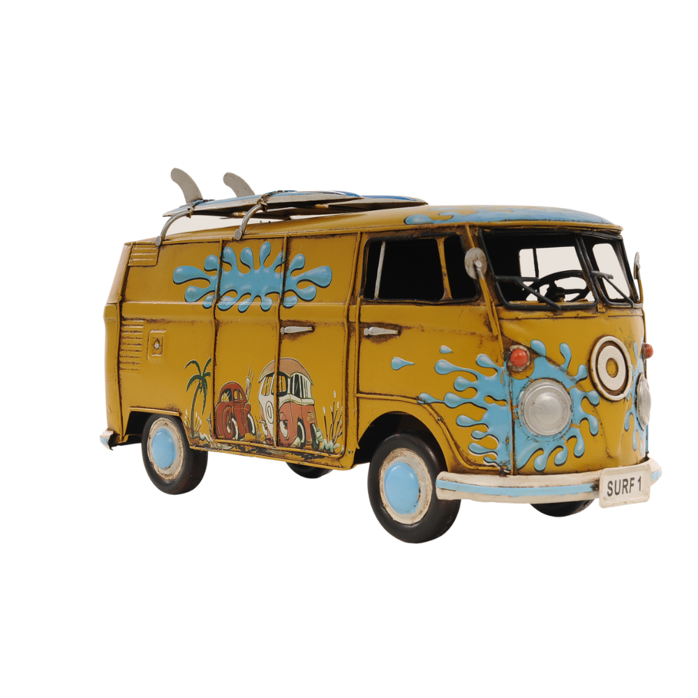 8" Blue and Yellow Metal c1967 Volkswagen Hand Painted Decorative Bus