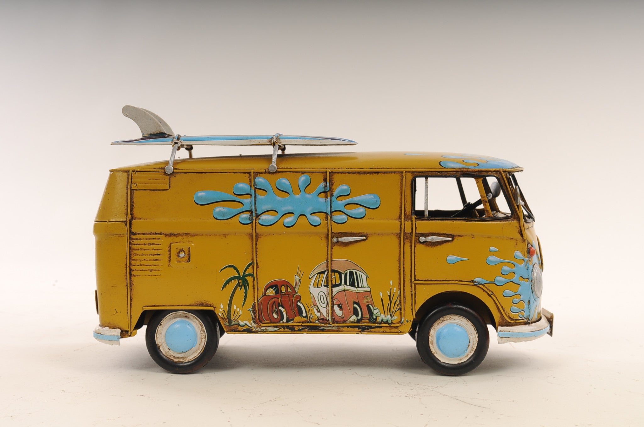 8" Blue and Yellow Metal c1967 Volkswagen Hand Painted Decorative Bus