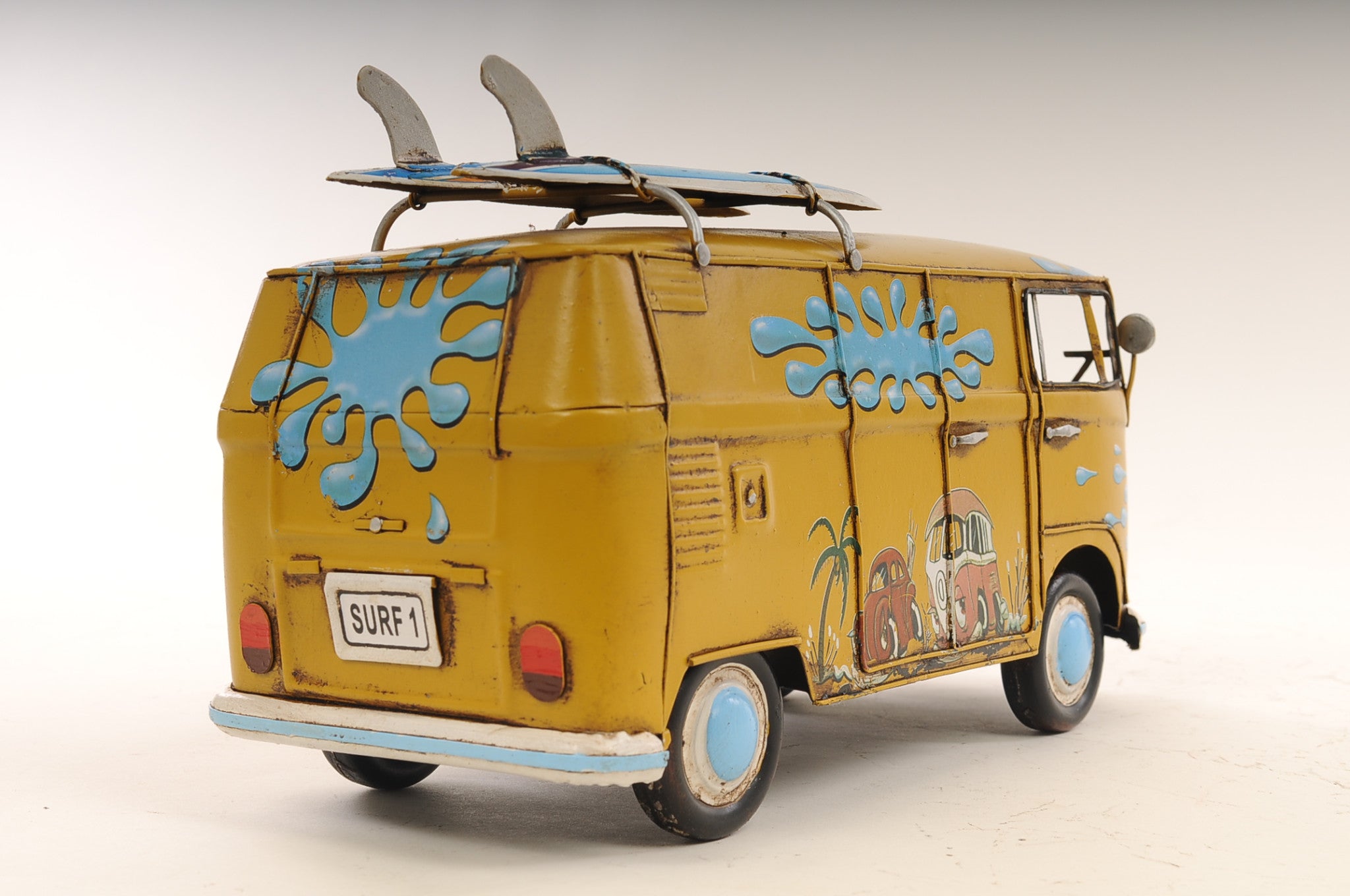 8" Blue and Yellow Metal c1967 Volkswagen Hand Painted Decorative Bus