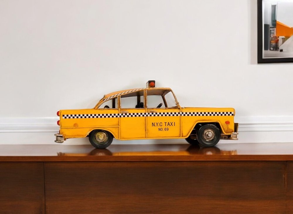 13" Yellow Metal Hand Painted NYC Taxi Tabletop Sculpture