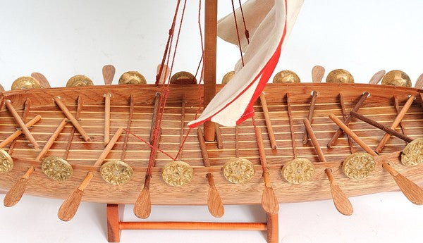 20" Wood Brown Solid Wood Hand Painted Model Boat Tabletop Sculpture