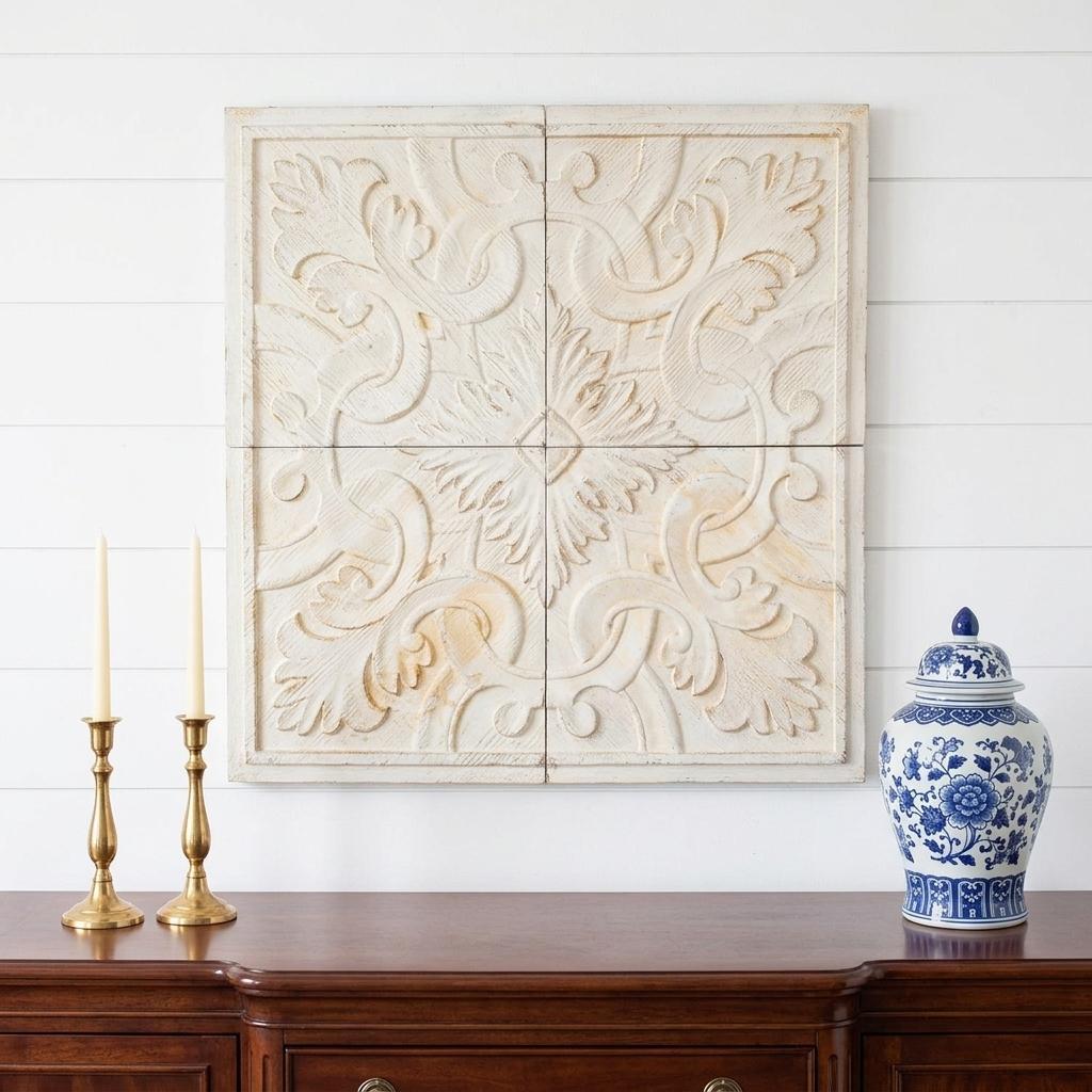 Set of Four White Wood Square Framed Art