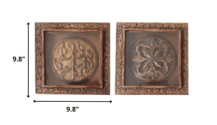 Set of 2 Rustic Carved Wood Wall Art