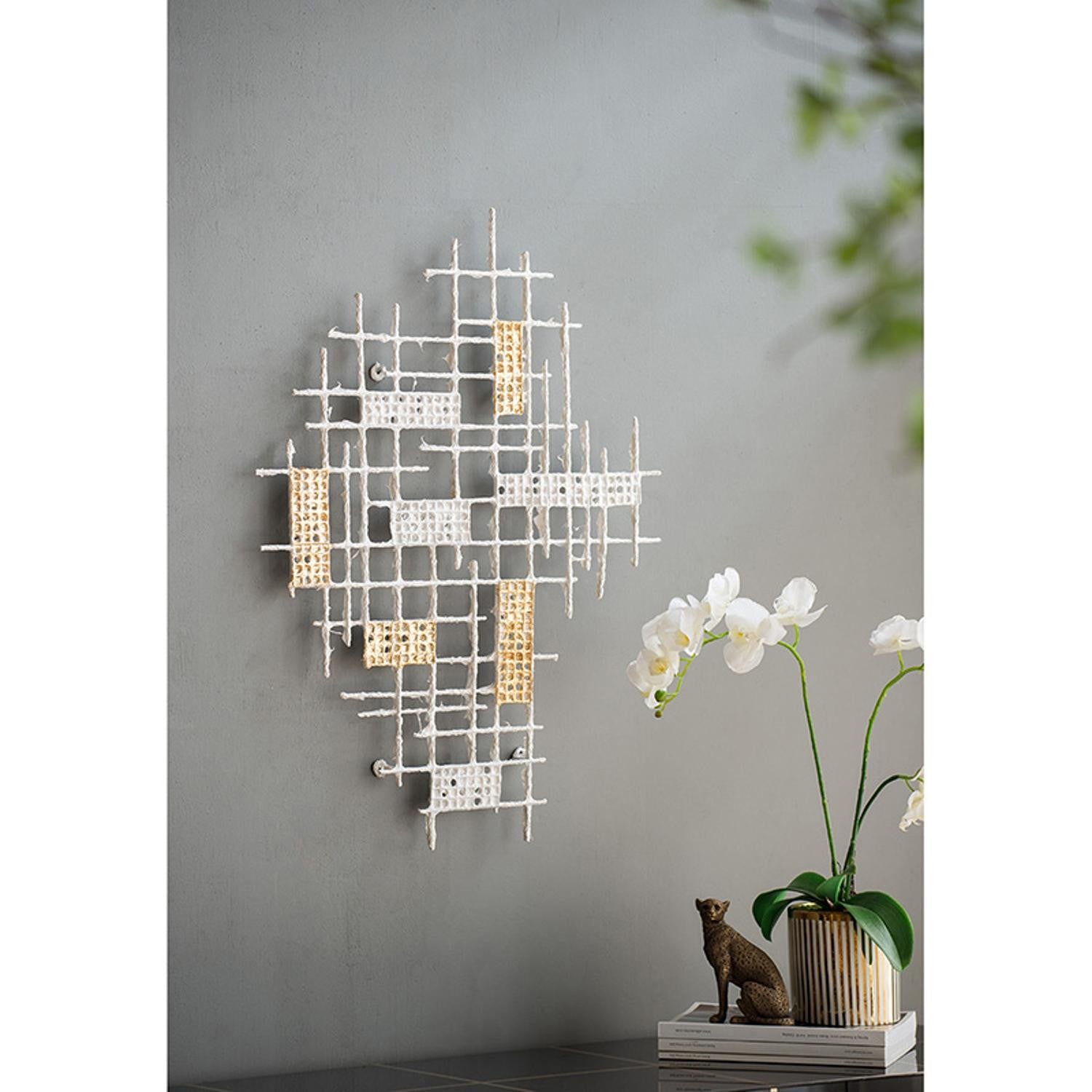 Contemporary White and Gold Geo Grid Wall Art