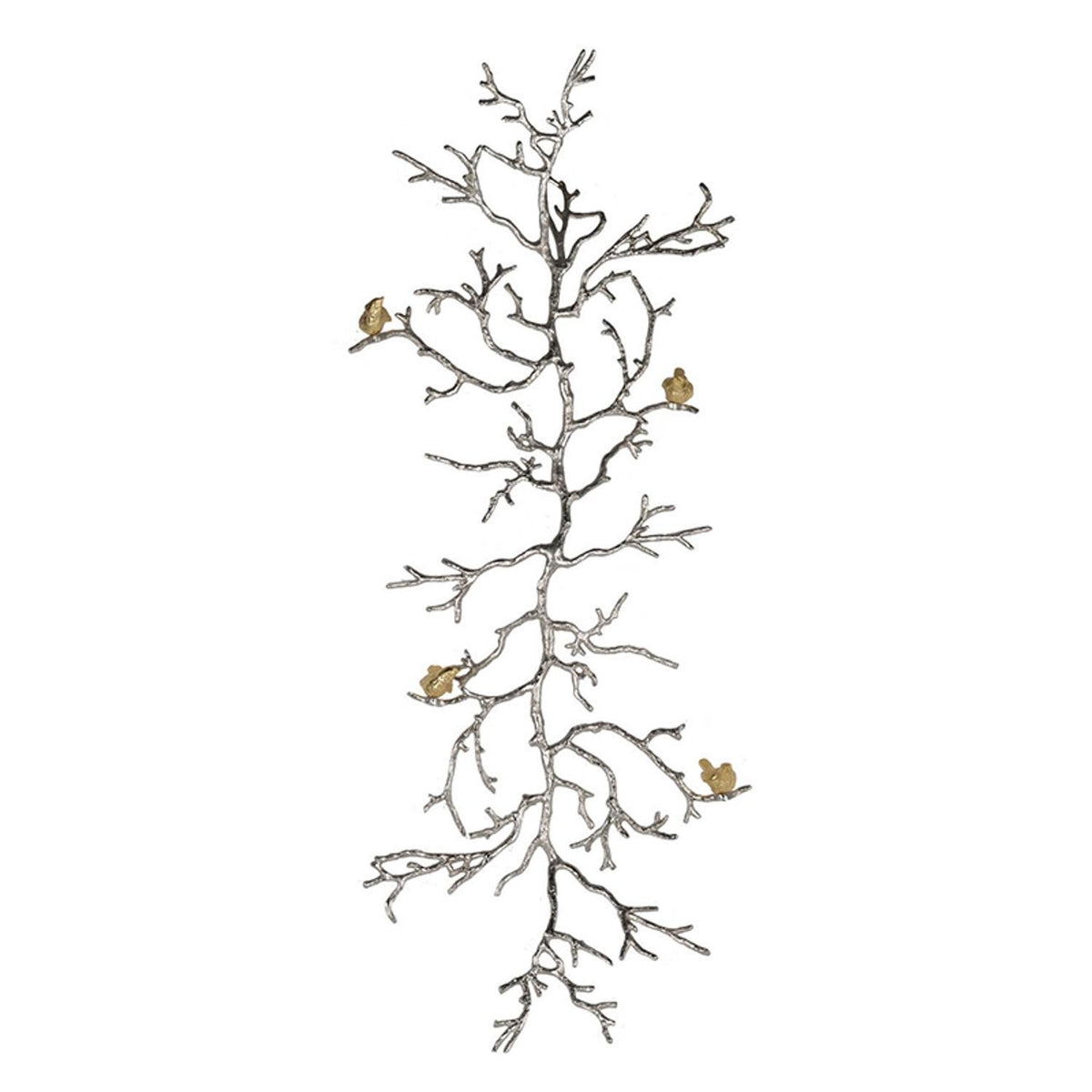 44" Silver And Gold Aluminum Branches And Birds Hanging Dimensional Sculpture