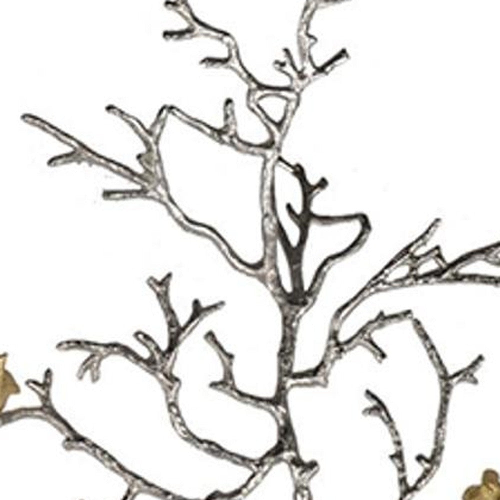 44" Silver And Gold Aluminum Branches And Birds Hanging Dimensional Sculpture