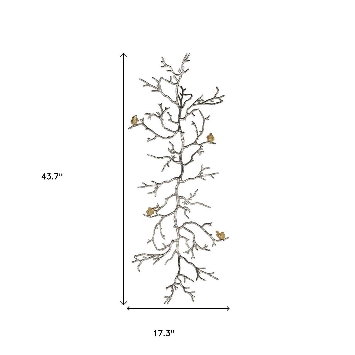 44" Silver And Gold Aluminum Branches And Birds Hanging Dimensional Sculpture