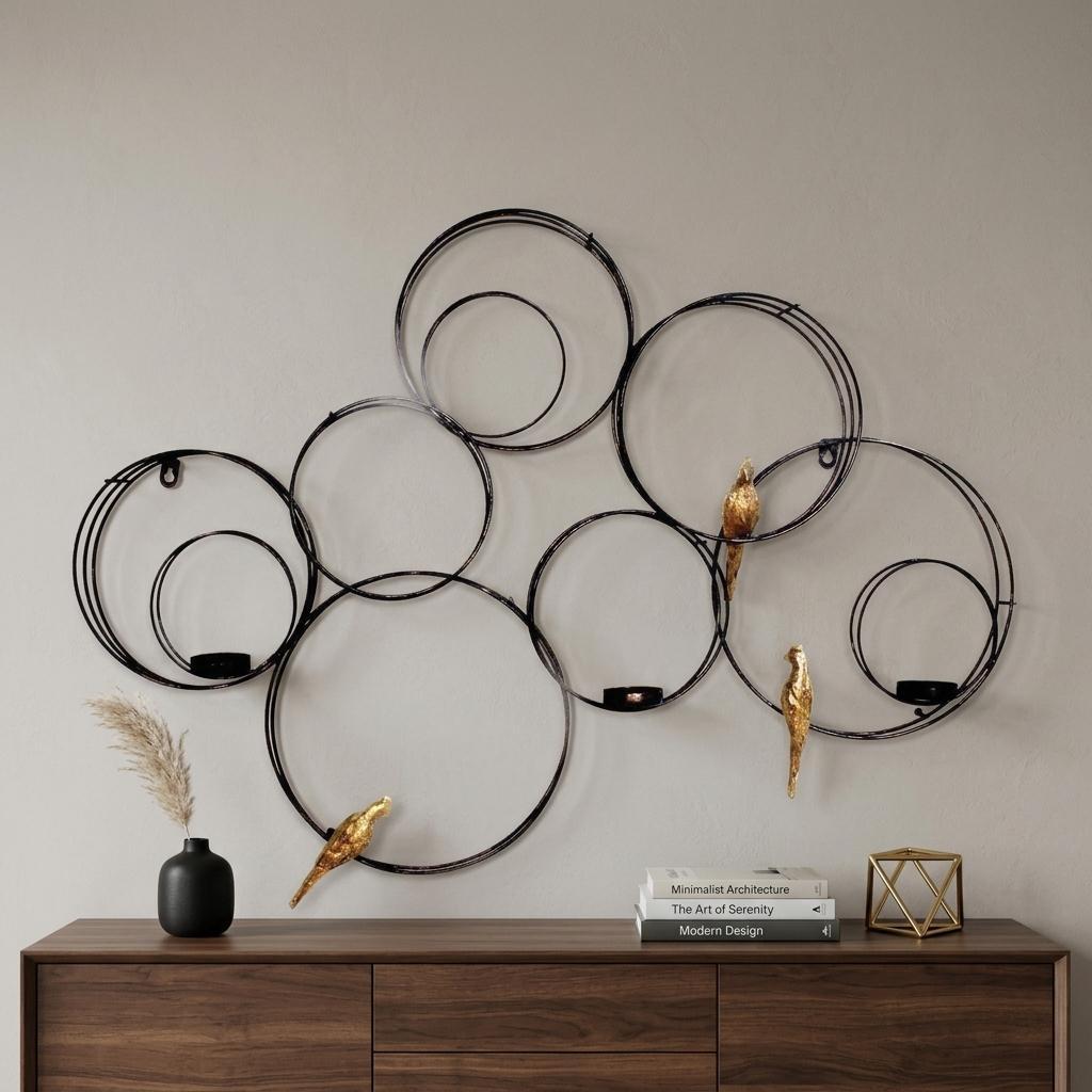 32" Black And Gold Metal Circles And Birds Hanging Sculpture With Votive Holders