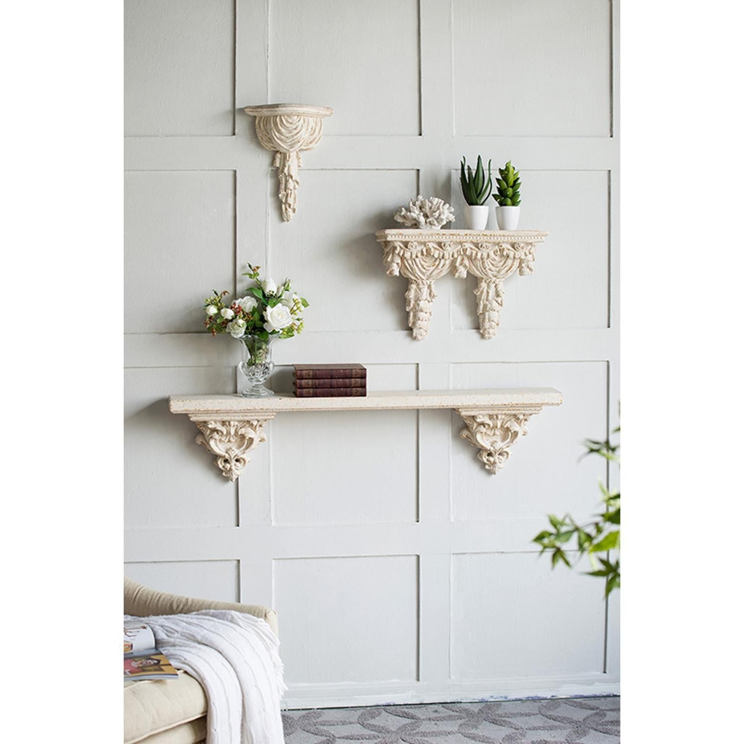 Rustic and Antiqued White and Gold Scroll Wall Shelf