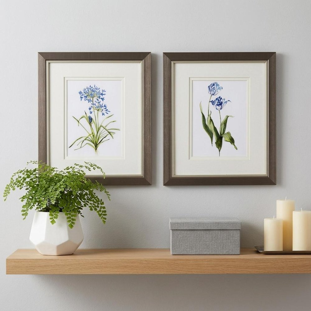 Set of Two Watercolor Dark Blue Flowers Wall Art