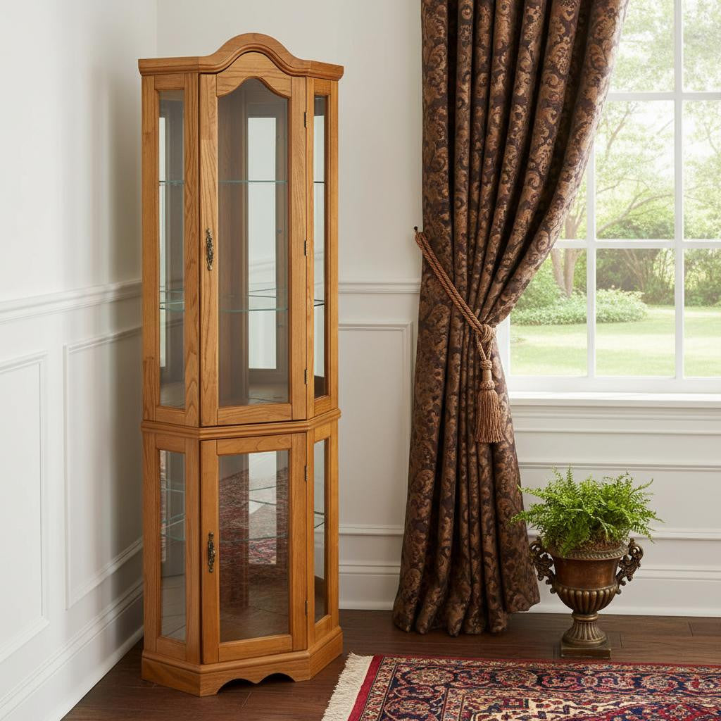 Golden Oak Scallop Top Lighted Corner Curio Cabinet