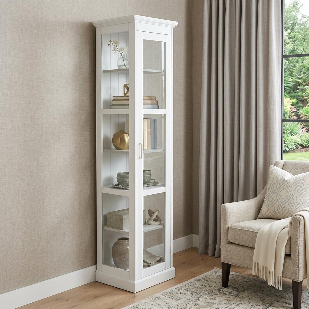 White Cornice Molding Curio with Glass Door