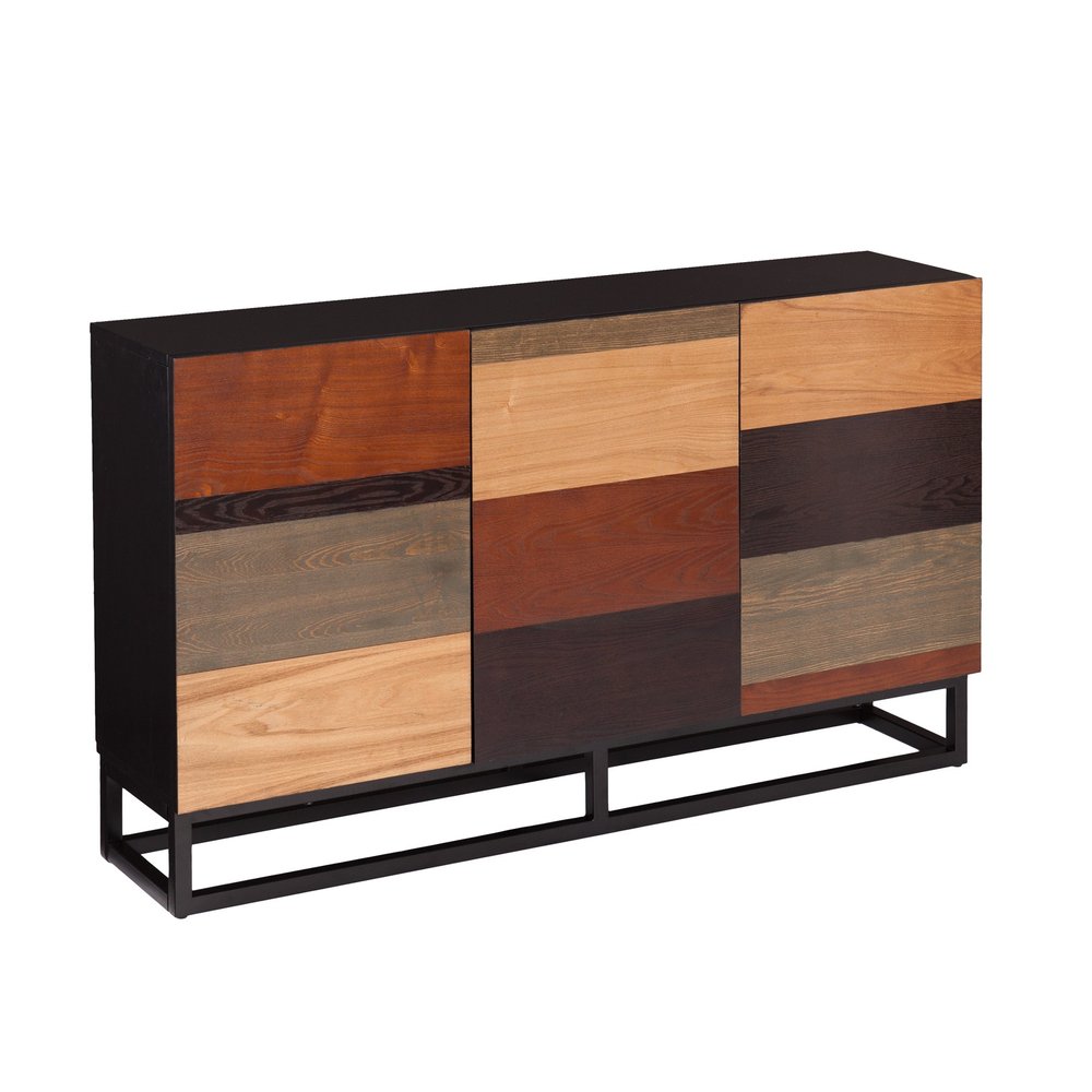 52" Brown Gray And Black Patch Three Door Sideboard Cabinet