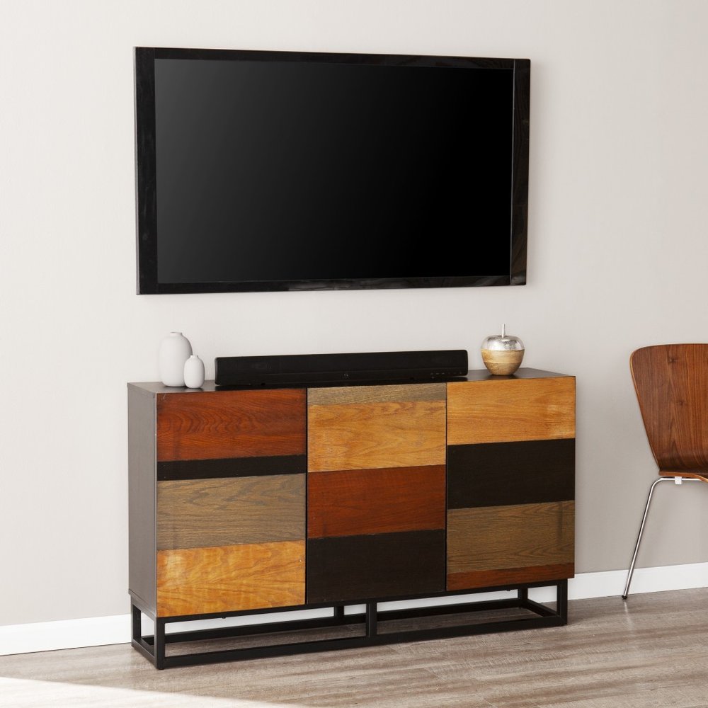 52" Brown Gray And Black Patch Three Door Sideboard Cabinet