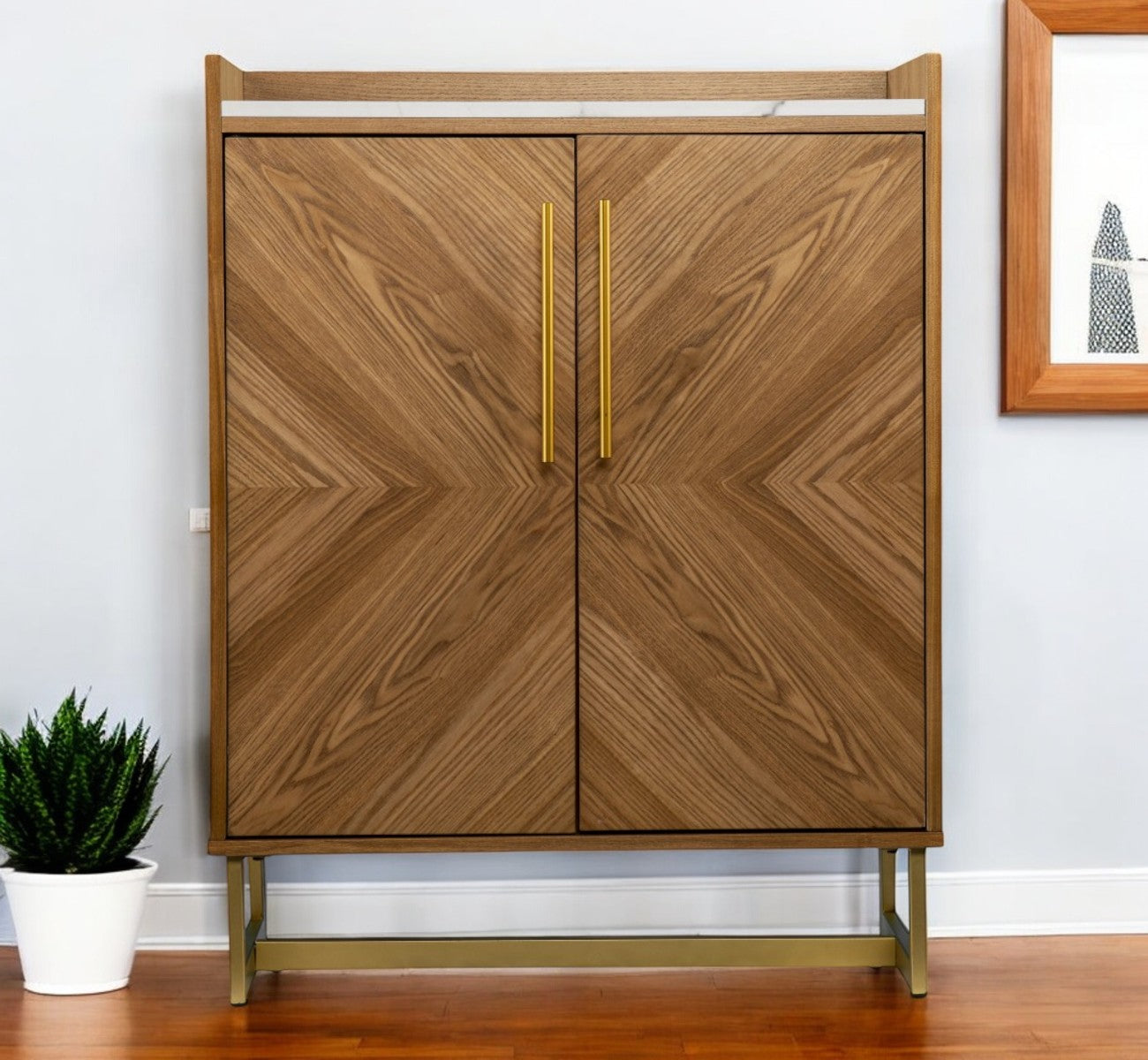 Retro Gold Natural and Faux Marble Wine Cabinet