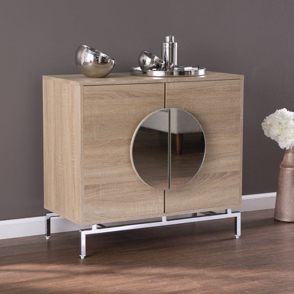 32" Natural and Chrome Mirrored Circle Double Door Bar Cabinet