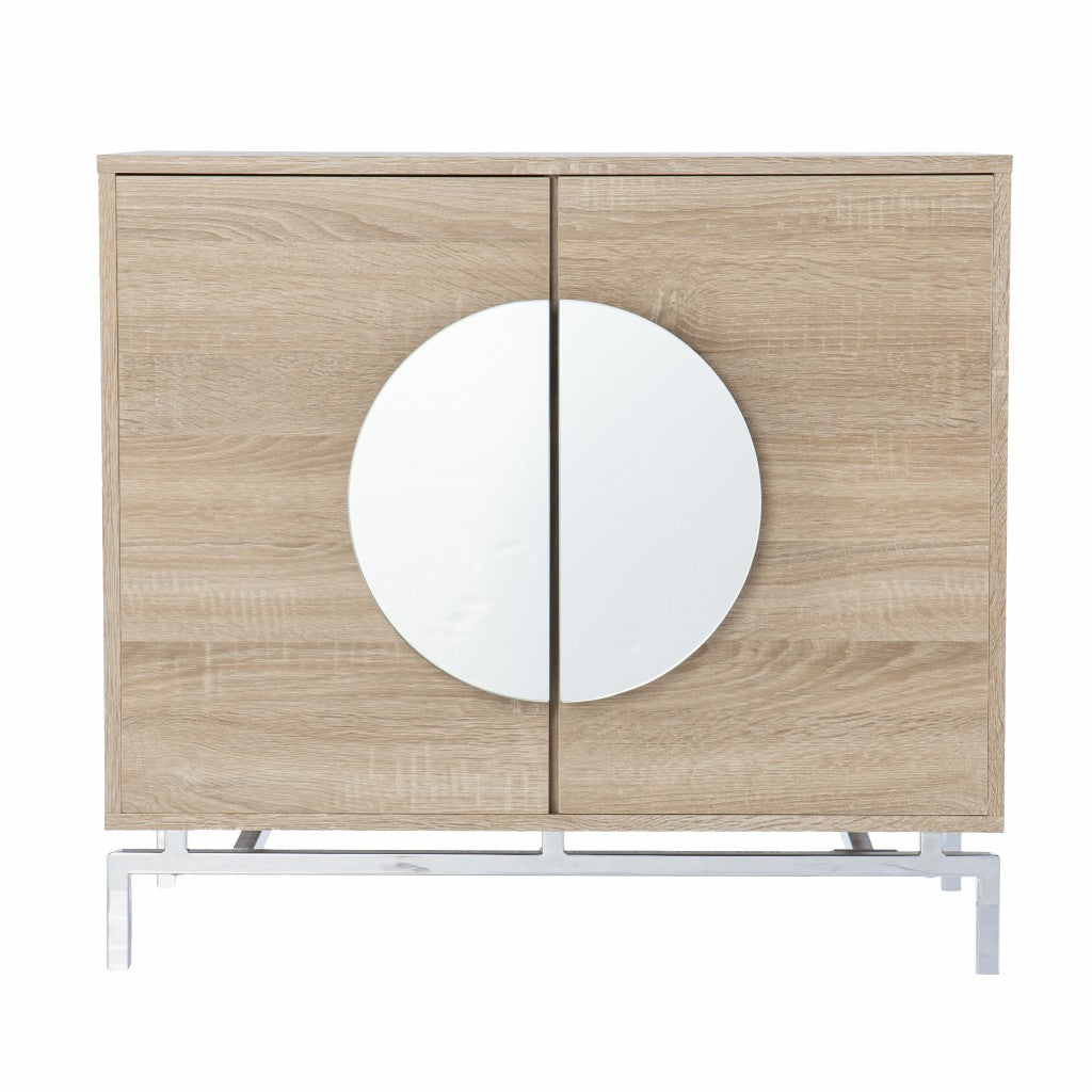 32" Natural and Chrome Mirrored Circle Double Door Bar Cabinet