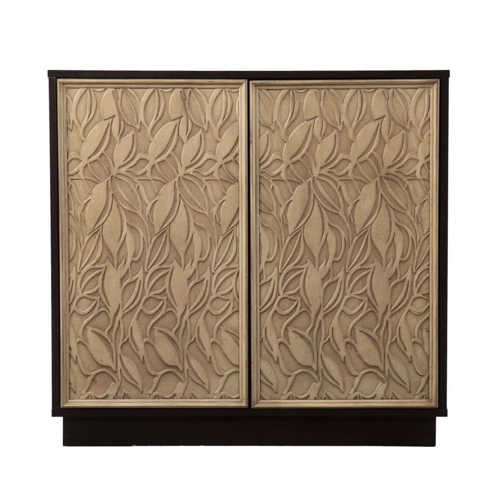 32" Dark Brown And Natural Carved Floral Sideboard with Two Doors
