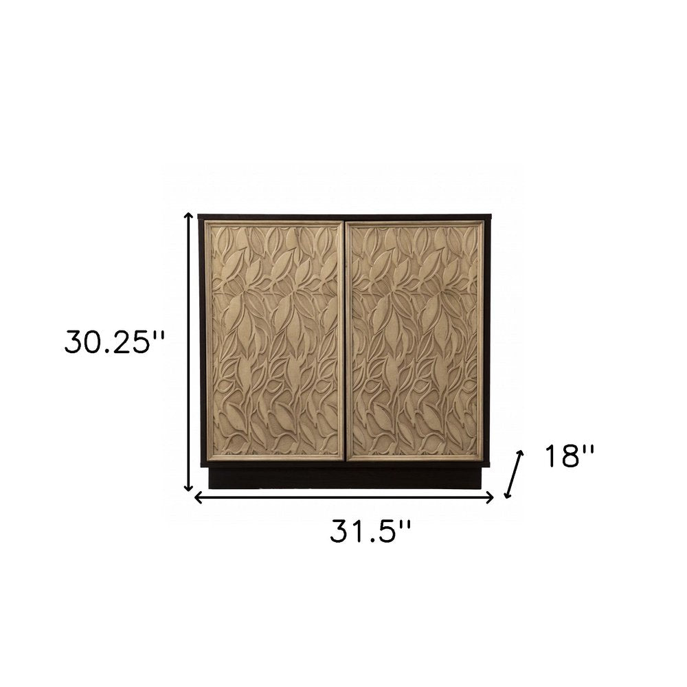 32" Dark Brown And Natural Carved Floral Sideboard with Two Doors