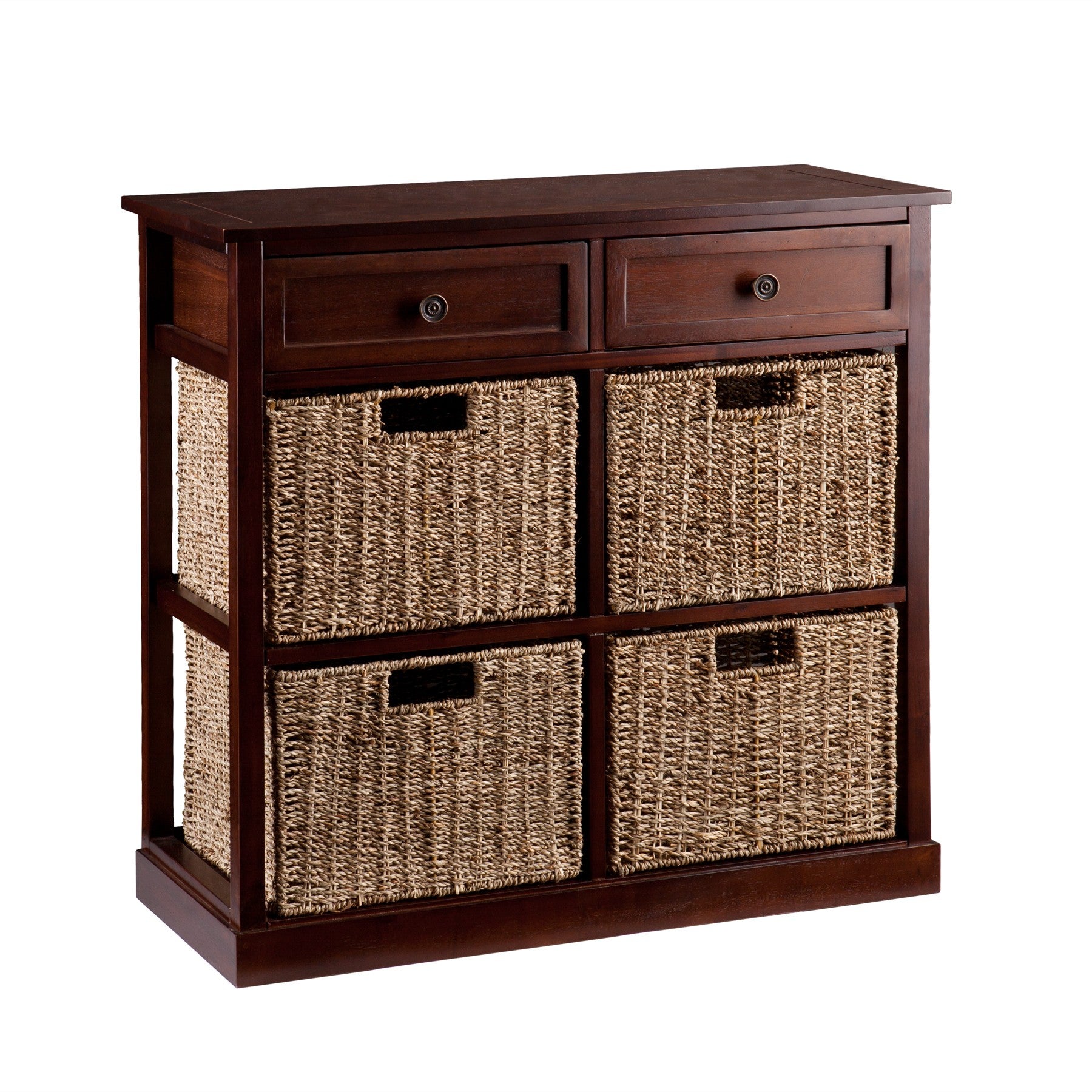 Mahogany and Seagrass Basket Storage Shelving Unit