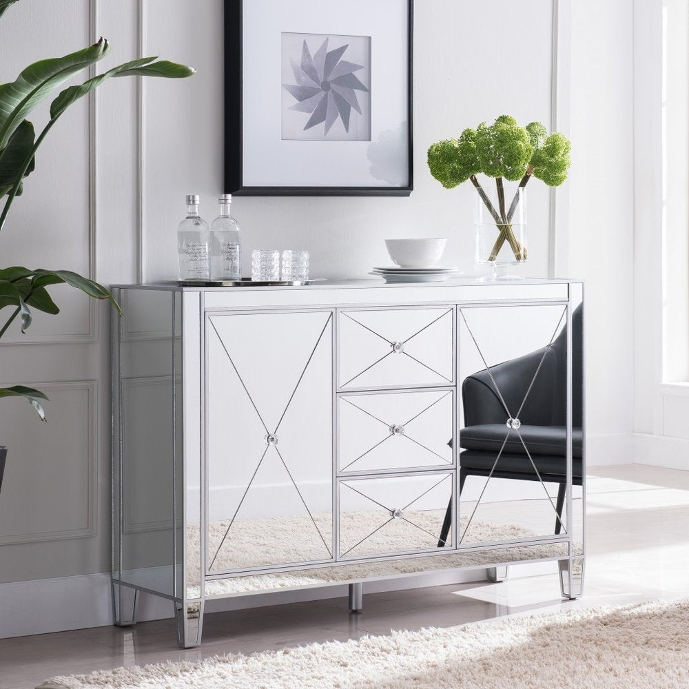 50" Silver Wood and Glass Three Drawer Credenza with Two Doors
