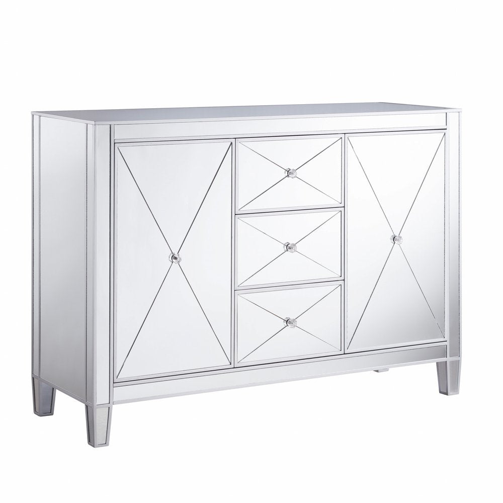 50" Silver Wood and Glass Three Drawer Credenza with Two Doors