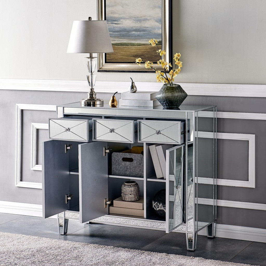 40" Silver Glass Three Drawer Sideboard with Three Doors