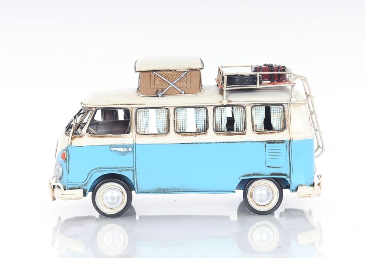 6" Blue And White Metal Volkswagen Bus Sculpture