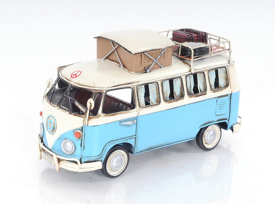 6" Blue And White Metal Volkswagen Bus Sculpture