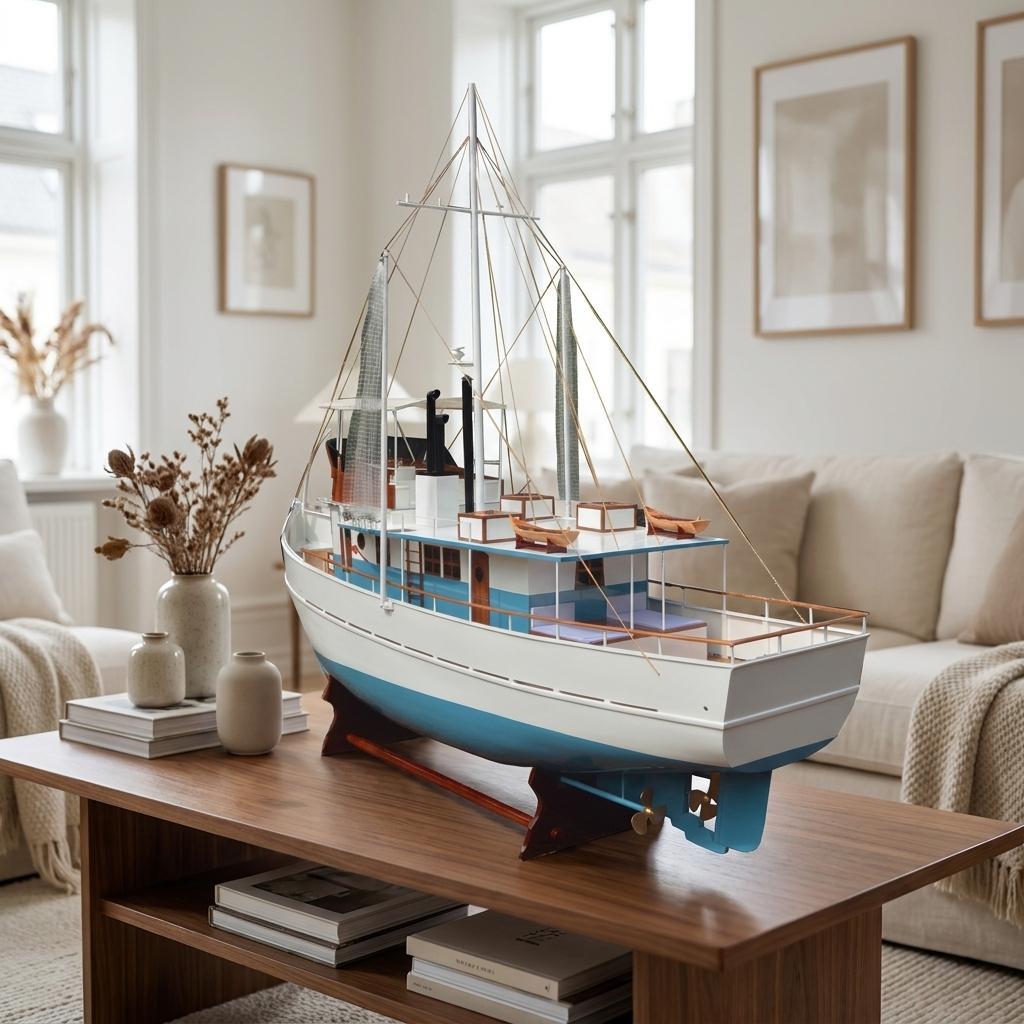 110" Blue And White Solid Wood Hand Painted Model Boat