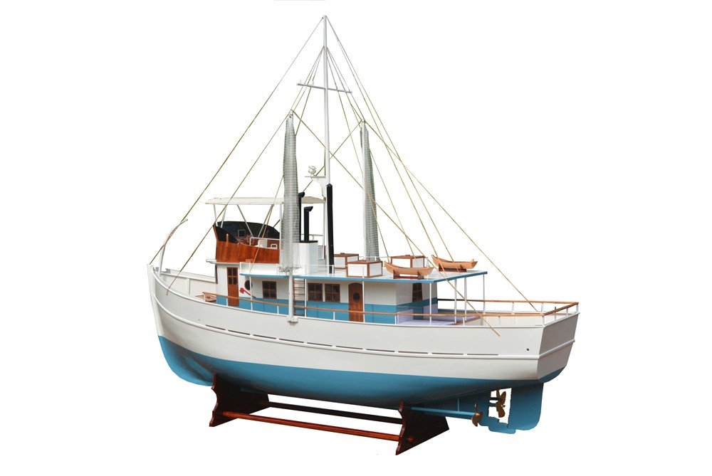 110" Blue And White Solid Wood Hand Painted Model Boat