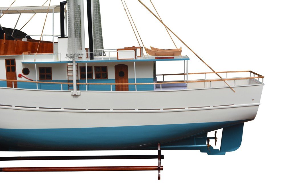 110" Blue And White Solid Wood Hand Painted Model Boat