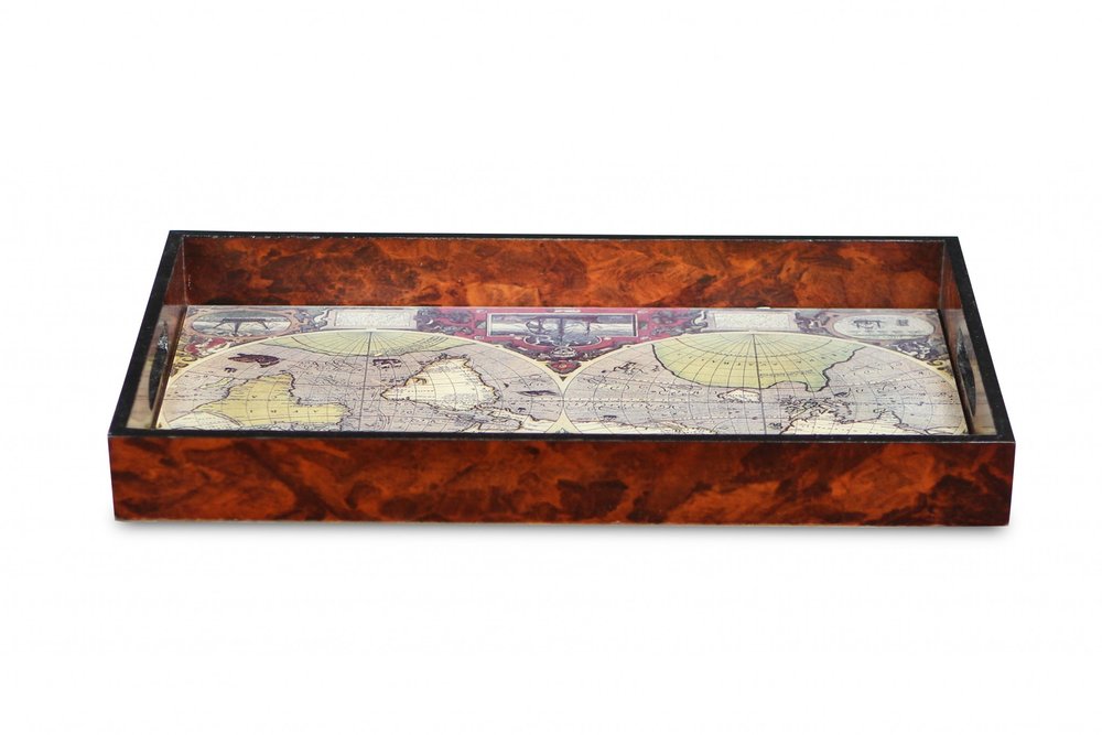 World Map Vintage Burlwood Serving Tray